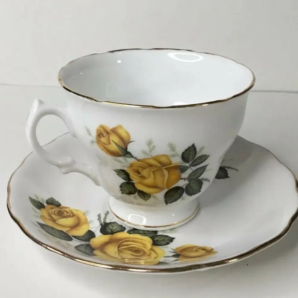 Royal Vale Yellow/Green Rose Tea Cup & Saucer‎ Set Bone China England